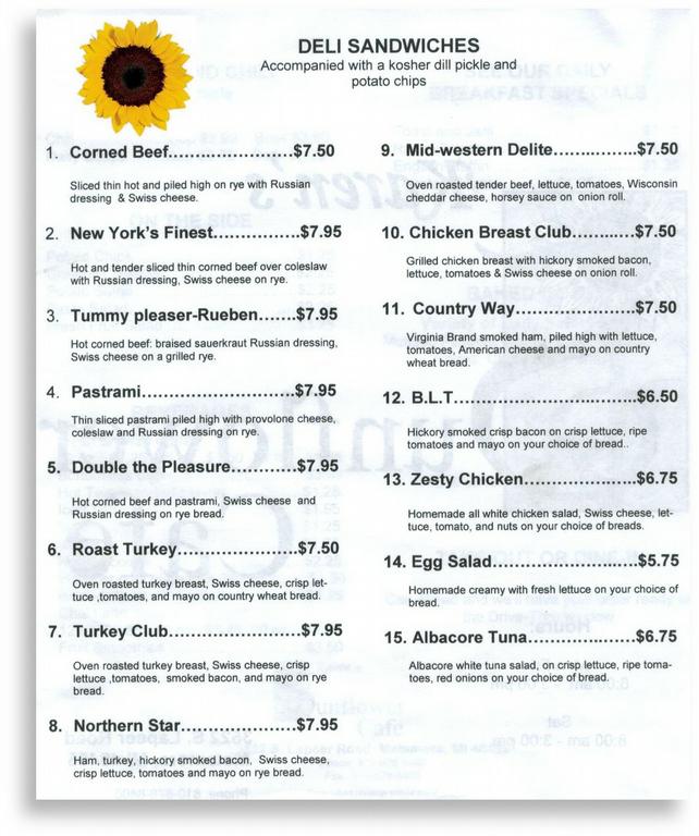 Sunflower Cafe Sandwitch Menu from Karen's Sunflower Cafe in Metamora