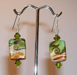 Brown,carmel and green swril lampwork earrings.jpg