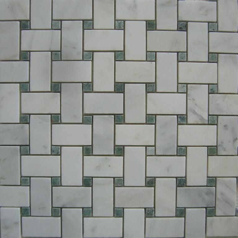 Basketweave White Carrara w/ Ming Green Dot Polished Mosaic Marble Tile