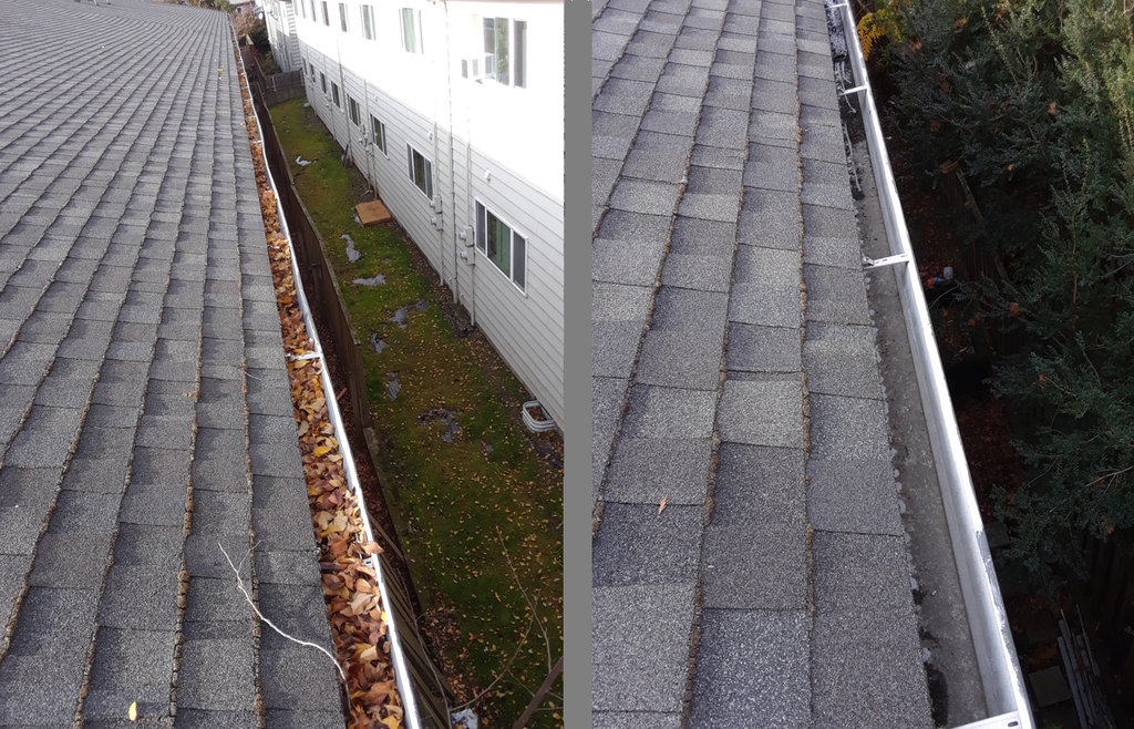 Before and after view of professional gutter cleaning completed by Snugs Services on a residential property in Portland, OR. by Snugs Services