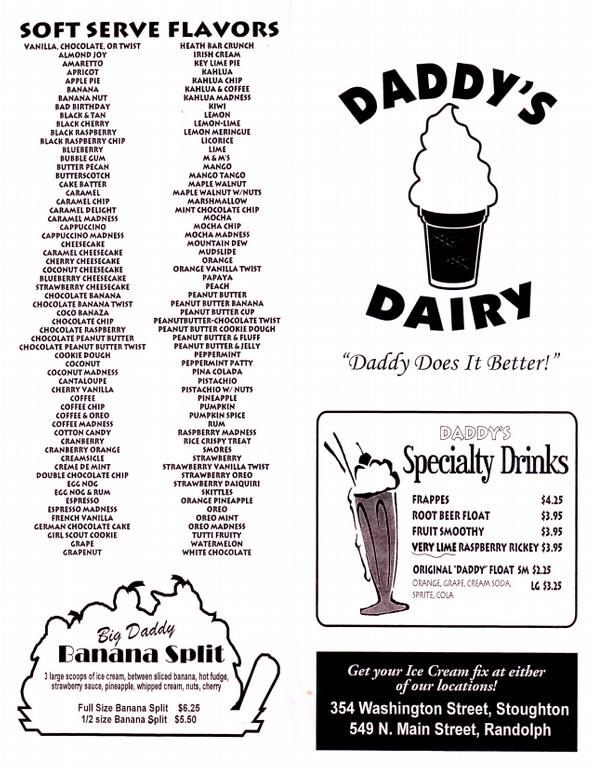 Daddys Dairy menu from Daddys Dairy in Stoughton, MA 02072