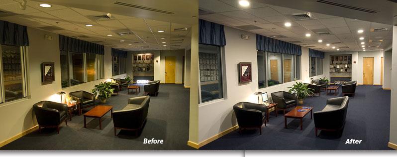 Before and after lobby lighting retrofit by Rancho Electrical and Lighting, Inc