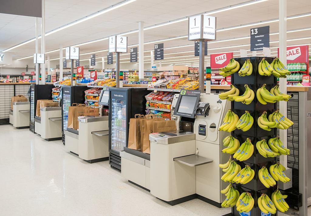 Row of checkout stations. by Stop & Shop