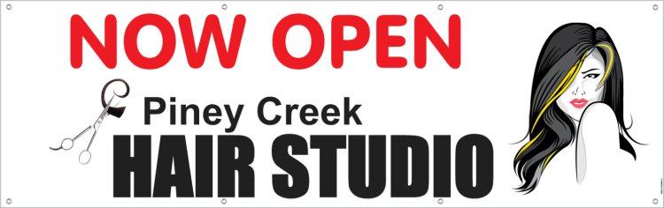 now open banner w logo by Piney Creek Hair Studio