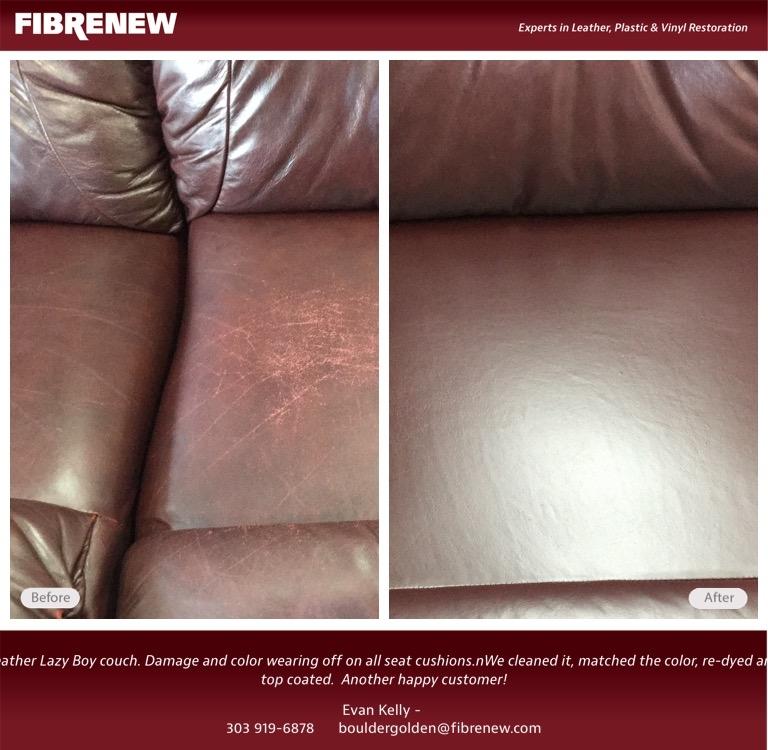 Lay-z-boy couch with the dye wearing off. Call Fibrenew to have them Re-dye your furniture today. by Fibrenew of Boulder Golden