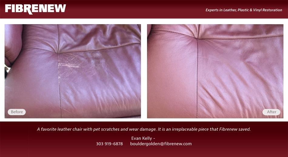 The family dog scratched up Dad's favorite leather chair. Look how Fibrenew refinished and re-dyed the chair. Call today for your free estimate by Fibrenew of Boulder Golden