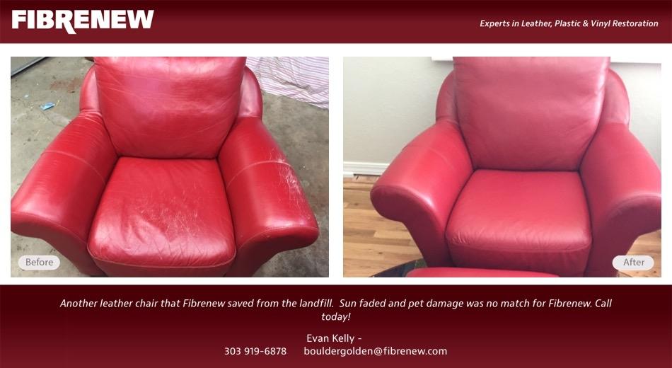 Red leather chair refinished and re-dyed to repair the sun damage and wear. Fibrenew of Boulder Golden can do this for you. by Fibrenew of Boulder Golden