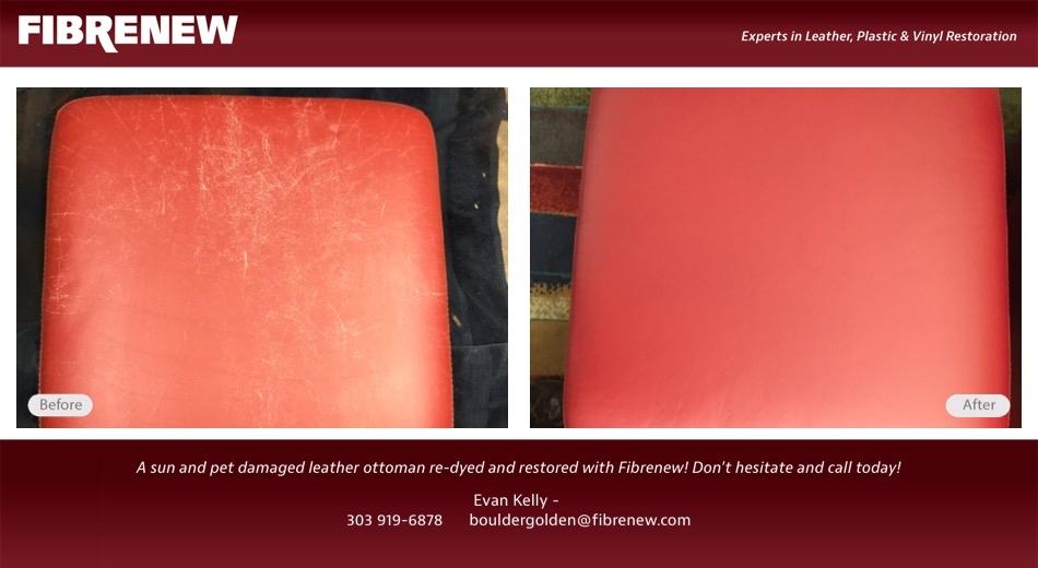 Red leather ottoman that was sun and pet damaged. Keep your leather furniture looking great with Fibrenew, call today for your free estimate. by Fibrenew of Boulder Golden