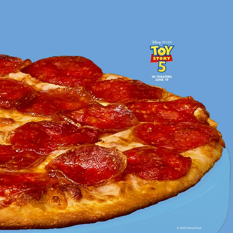 An intergalactic pizza mission awaits! This out-of-this-world personal pizza has double pepperoni, cheese, and pizza sauce on original crust. Served with Rootin' Tootin' Ranch (U.S.) or Special Garlic Sauce (Canada) in a Toy Story 5 collectible box. by Papa Johns Pizza