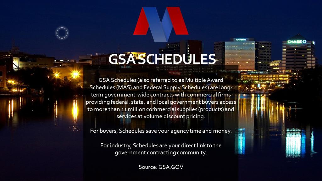 Government Marketplace LLC - GSA/VA Federal Supply Schedules.
We make success in the government marketplace simple.  
Check us out online at https://www.gov-marketplace.com or call us at (302) 297-9694 for more information regarding our services.
Government Marketplace LLC - 92 Reads Way Suite 206, New Castle, DE 19720 by Government Marketplace LLC