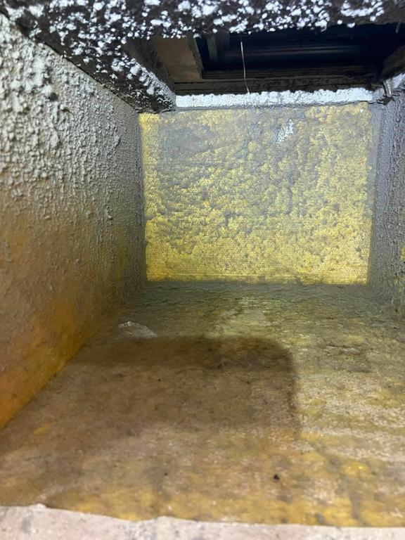 This image looks inside a severely dirty AC duct, showing thick, textured grime coating all surfaces, including what appears to be yellowed, moldy insulation. The build-up is extensive and highly visible, indicating significant contamination and poor air quality. by Speedy AC Duct Cleaning Service