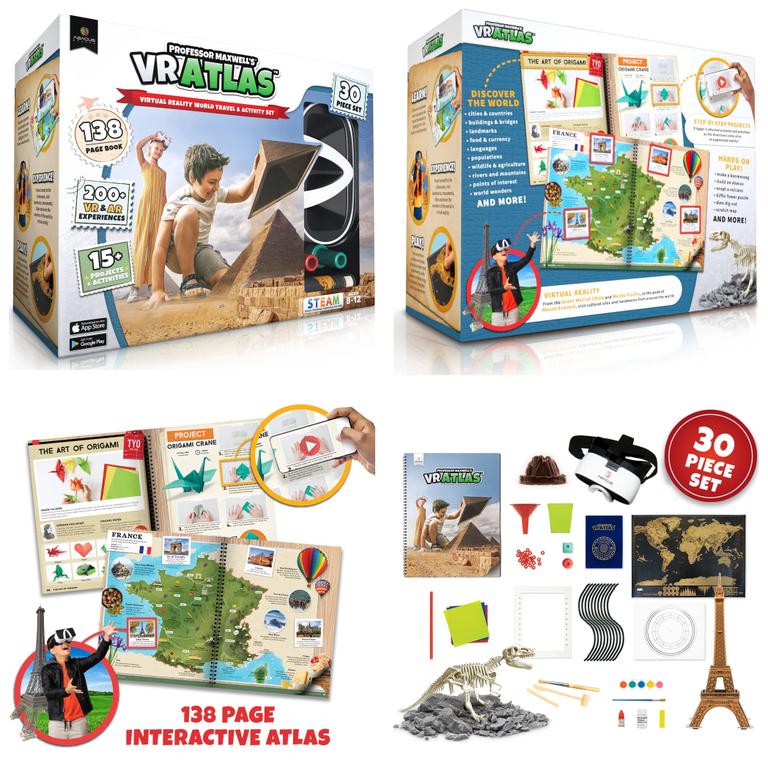 Explore the world with the VR Atlas activity kit from Hakabohu - The Toy Shop, featuring virtual reality adventures, puzzles, clay projects, a fossil dig, passport, scratch map, atlas, and more! by Hakabohu