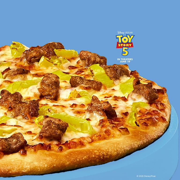 This ain't just any personal pizza, it's got Italian sausage, banana peppers, cheese and pizza sauce on original crust. Served with Rootin' Tootin' Ranch (U.S.) or Special Garlic Sauce (Canada) in a Toy Story 5 collectible box. Saddle up and dig in! by Papa Johns Pizza